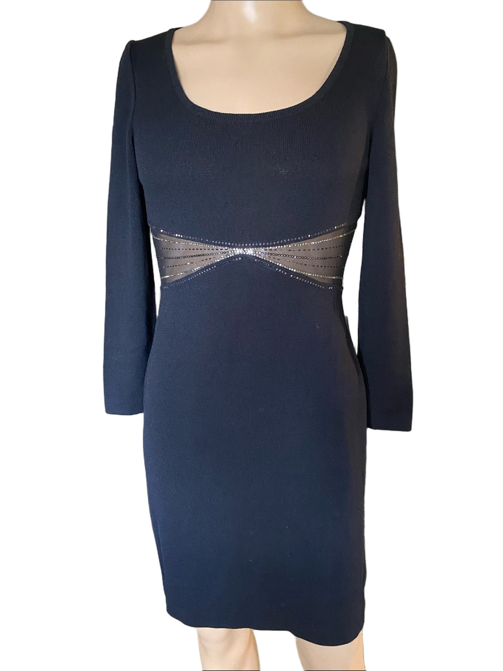 St. John Santana Black Long Sleeve Dress with Sheer Mesh Waist and Rhinestone